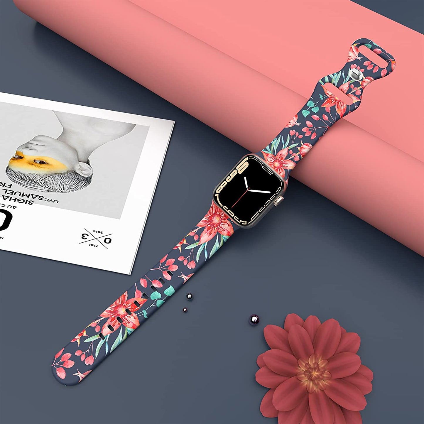 Floral Apple Watch Bands 38Mm 40Mm 41Mm 42Mm 44Mm 45Mm for Women Men, Soft Silicone Sport Replacement Watch Band Flower Design Breathable Slim Strap Wristband for Iwatch Series SE 7 6 5 4 3 2 1 Band  HONEYBABY   