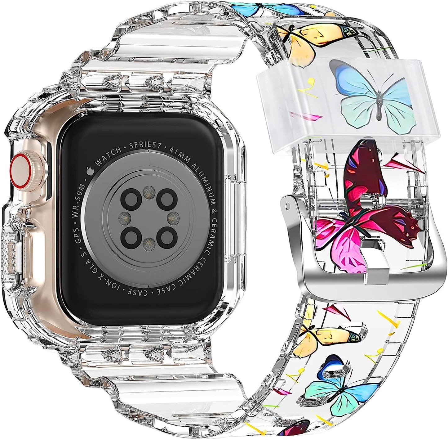 XYF Compatible for Crystal Clear Apple Watch Bands, 45Mm 44Mm 42Mm 41Mm 40Mm 38Mm 49Mm with Bumper Case for Men Women Jelly Sport Case and Band for Iwatch Ultra Series 8 7 SE/6 5 4 3 2 1  XYF Butterfly 38/40/41mm 