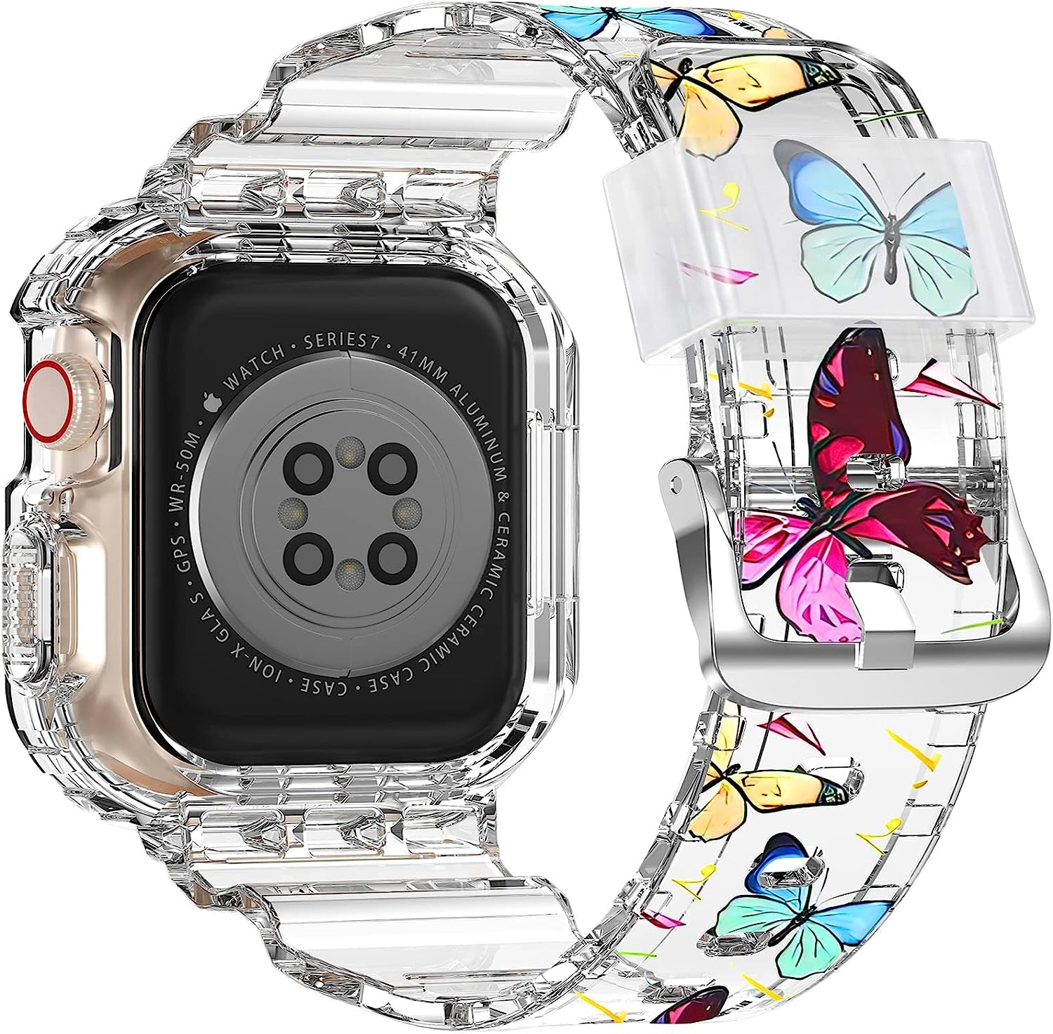 XYF Compatible for Crystal Clear Apple Watch Bands, 45Mm 44Mm 42Mm 41Mm 40Mm 38Mm 49Mm with Bumper Case for Men Women Jelly Sport Case and Band for Iwatch Ultra Series 8 7 SE/6 5 4 3 2 1  XYF Butterfly 38/40/41mm 