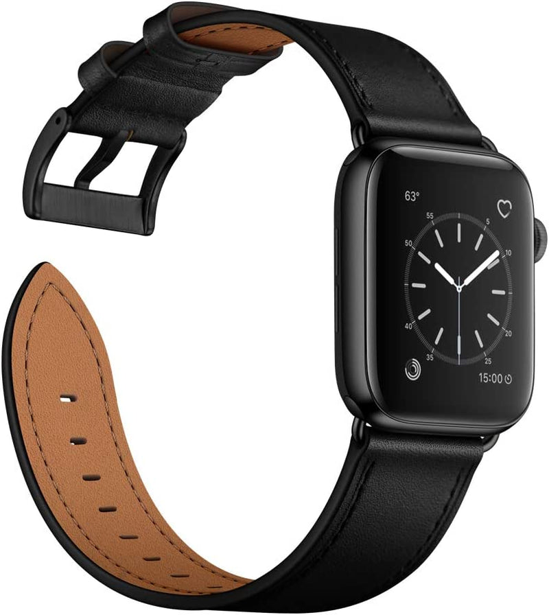 OUHENG Compatible with Apple Watch 49Mm 45Mm 44Mm 42Mm, Genuine Leather Band Replacement Strap Compatible with Apple Watch Ultra Series 8/7/6/5/4/3/2/1/SE2/SE, Black Band with Black Adapter  OUHENG   