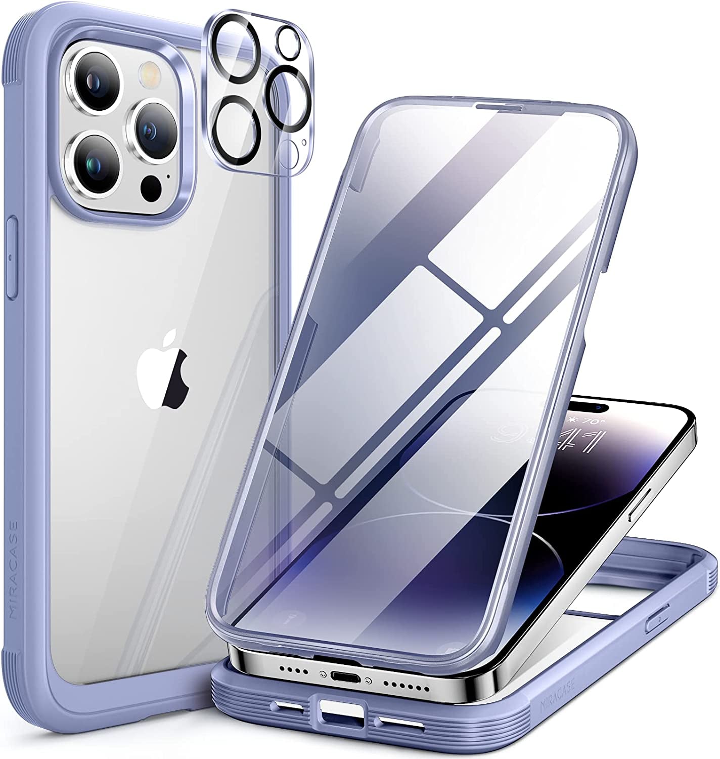 Miracase Glass Series for Iphone 14 Pro Case 6.1 Inch, 2023 Full-Body Clear Bumper Case with Built-In 9H Tempered Glass Screen Protector, with Camera Lens Protector (Noble Purple)  Miracase Lavender Grey  