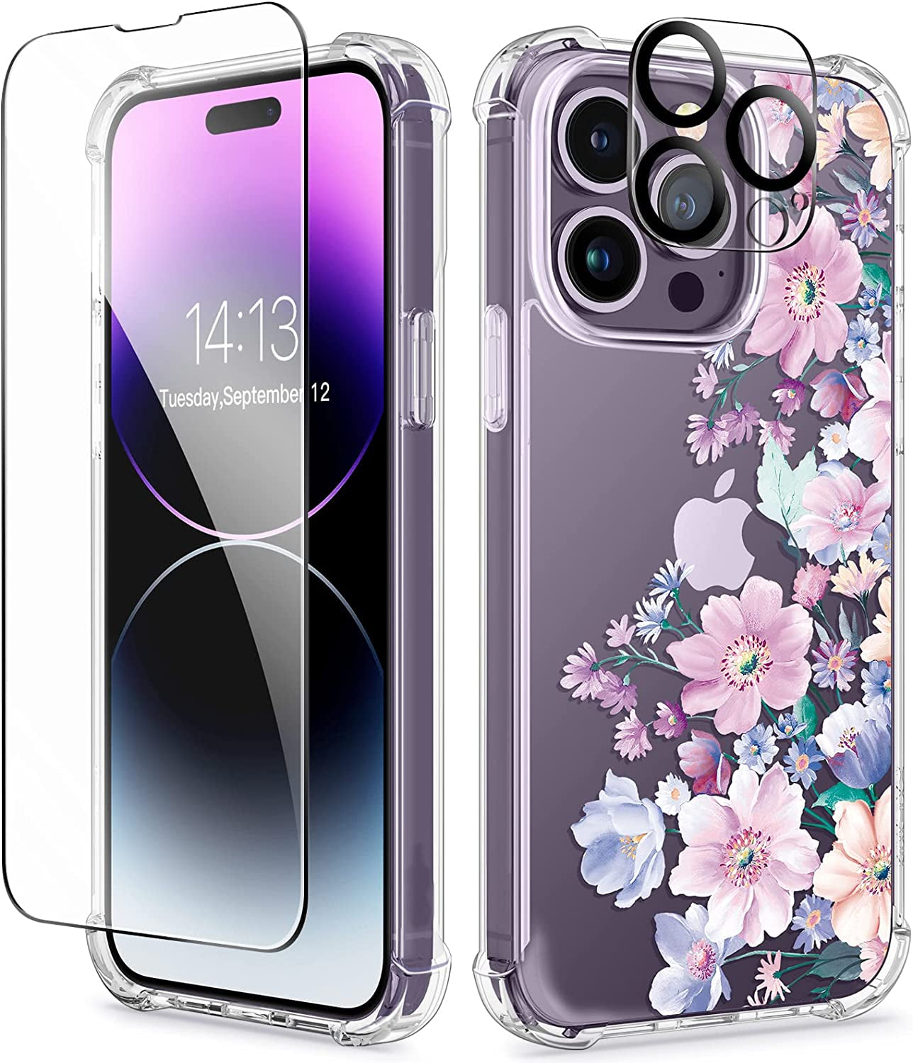 GVIEWIN Compatible with Iphone 14 Pro Case with Screen Protector & Camera Lens Protector, Floral Slim Shockproof Protective Hard PC+TPU Bumper Flower Women Cover, 6.1" 2022(Alluring Butterfly/Purple)  GVIEWIN Anemone Blooms/Pink  