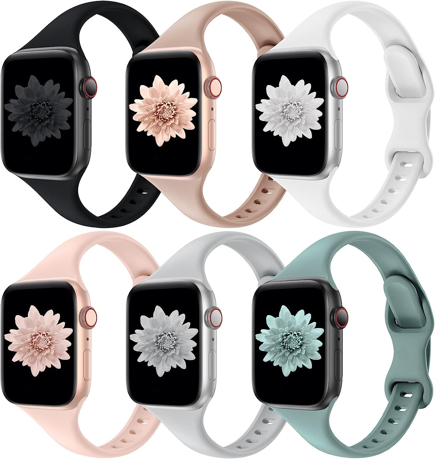 Distore 6 Pack Bands Compatible with Apple Watch 38Mm 40Mm 41Mm 42Mm 44Mm 45Mm 49Mm, Slim Thin Narrow Replacement Soft Silicone Sport Strap for Iwatch Series Ultra 8/7/6/5/4/3/2/1 SE Women Men  Distore Black/Milk Tea/White/Pink Sand/Gray/Cactus 38/40/41mm 
