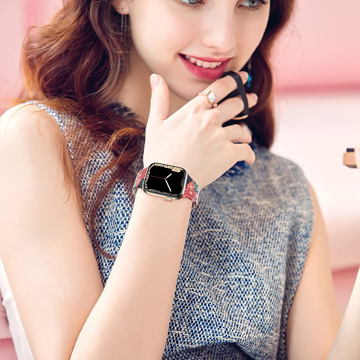 Floral Apple Watch Bands 38Mm 40Mm 41Mm 42Mm 44Mm 45Mm for Women Men, Soft Silicone Sport Replacement Watch Band Flower Design Breathable Slim Strap Wristband for Iwatch Series SE 7 6 5 4 3 2 1 Band  HONEYBABY   