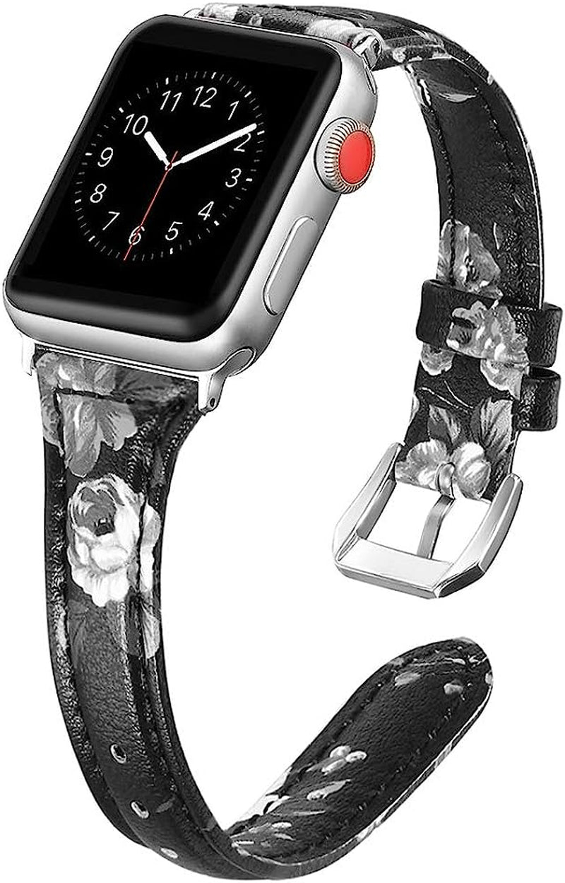 Secbolt Leather Bands Compatible Apple Watch Band 38Mm 40Mm 41Mm 42Mm 44Mm 45Mm Slim Replacement Wristband Sport Strap for Iwatch SE Series 8 7 6 5 4 3 2 1 Stainless Steel Buckle  Secbolt Black/Gray Floral 38mm/40mm/41mm 