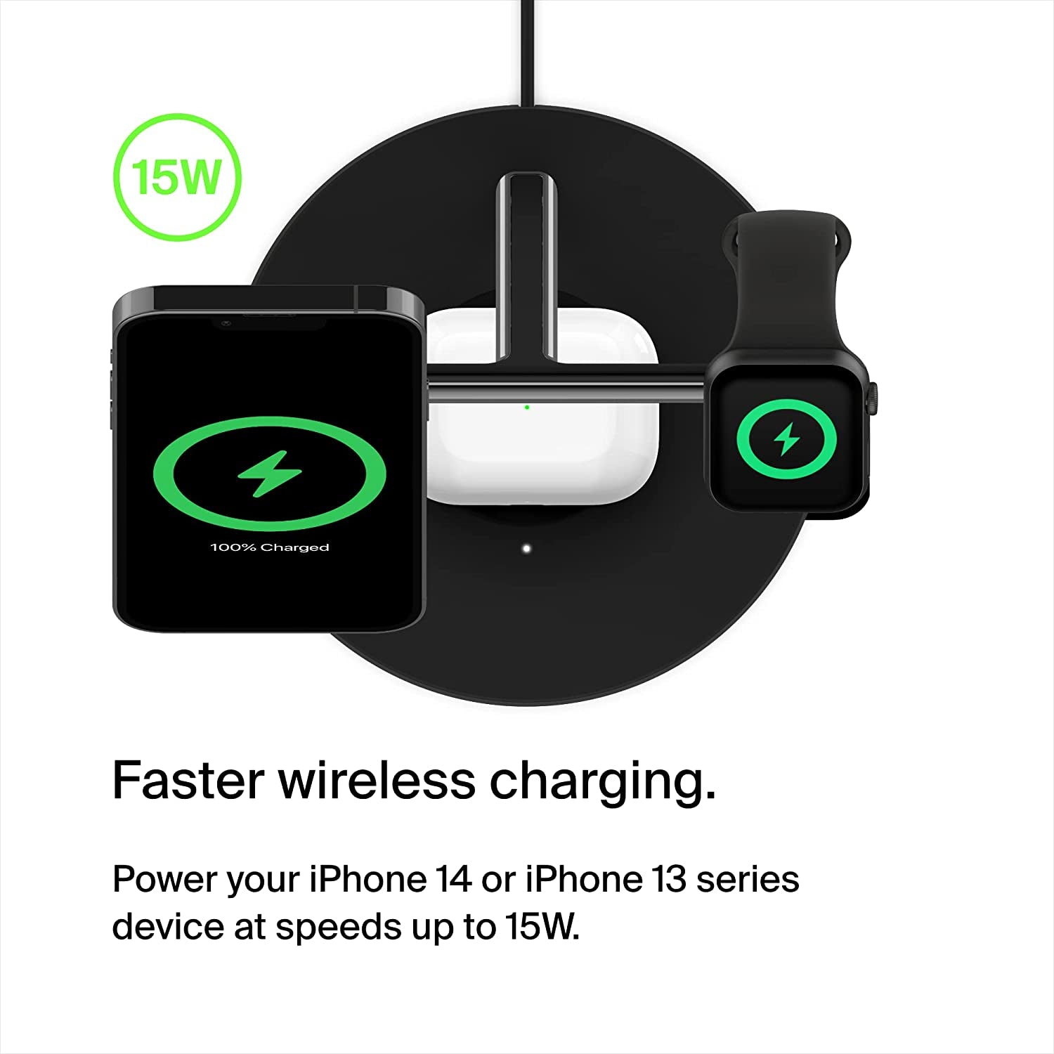 Belkin Magsafe 3-In-1 Wireless Charging Stand - 2ND GEN W/ 33% Faster Wireless Charging for Apple Watch - Iphone 14, 13 & 12 Series & Airpods - Magsafe Charging Station for Multiple Devices - Black  Belkin   