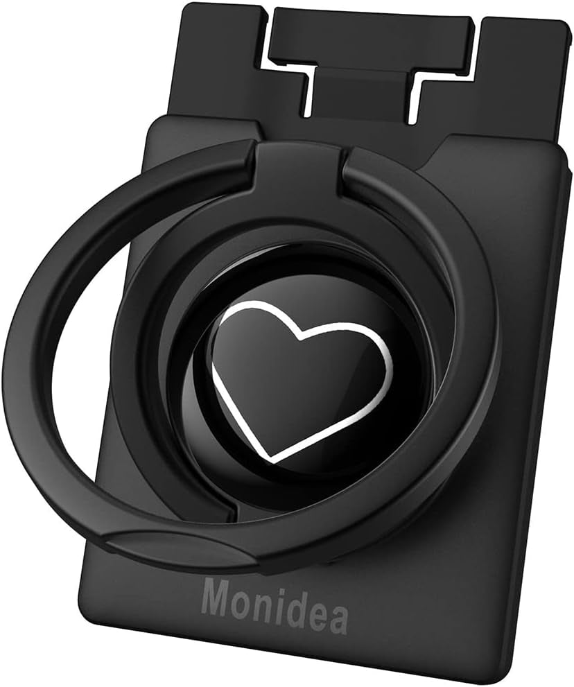 Monidea Phone Ring Holder, Phone Grip Finger Kickstand Wireless Charging Friendly, 360°Rotation Metal Phone Ring Grip Stand Work with Magnetic Car Mount for Iphone Samsung Ipad Tablets & More - Black  MonIdea Black White Heart  