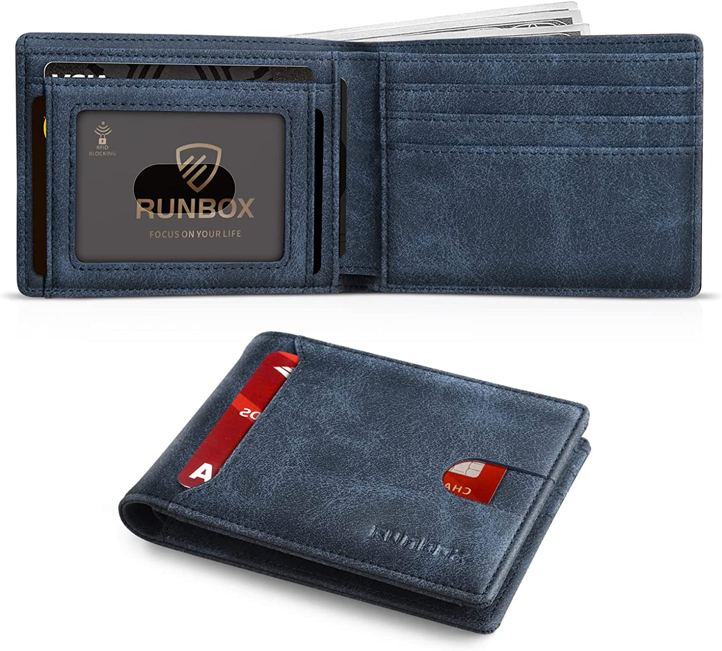RUNBOX Bifold Slim Wallet for Men - Rfid Blocking Leather Front Pocket Men'S Wallet with Gift Box  RUNBOX Dark Blue  