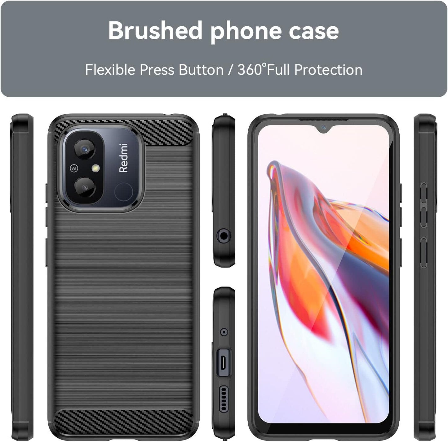 Toppix Compatible for Xiaomi Redmi 12C, Case Flexible TPU Bumper with Brushed Carbon Fiber Texture [Shock Absorption] Protective Cover for Xiaomi Redmi 12C (Brushed Black)  Toppix   