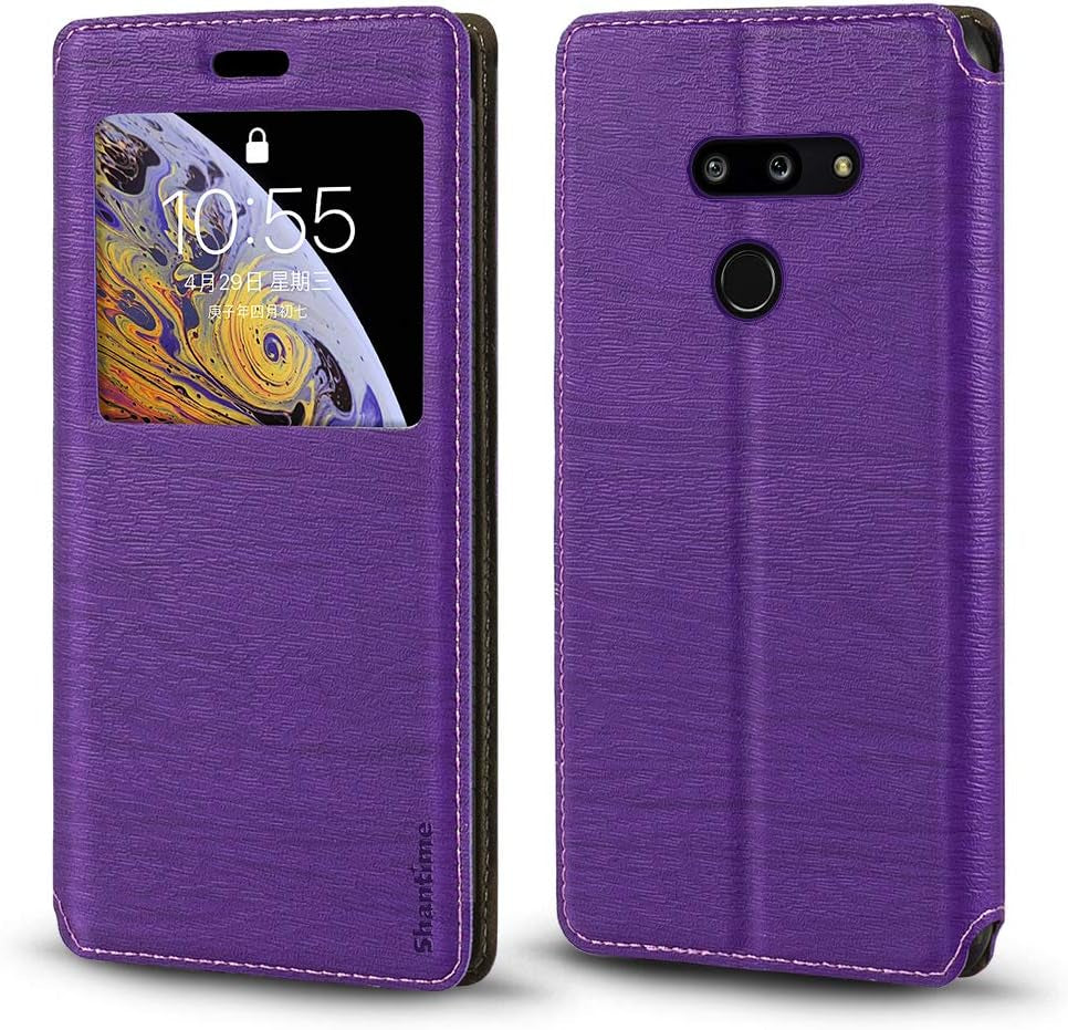 Shantime LG G8 Thinq Case, Wood Grain Leather Case with Card Holder and Window, Magnetic Flip Cover for LG G8 Thinq Gold  Shantime Purple  