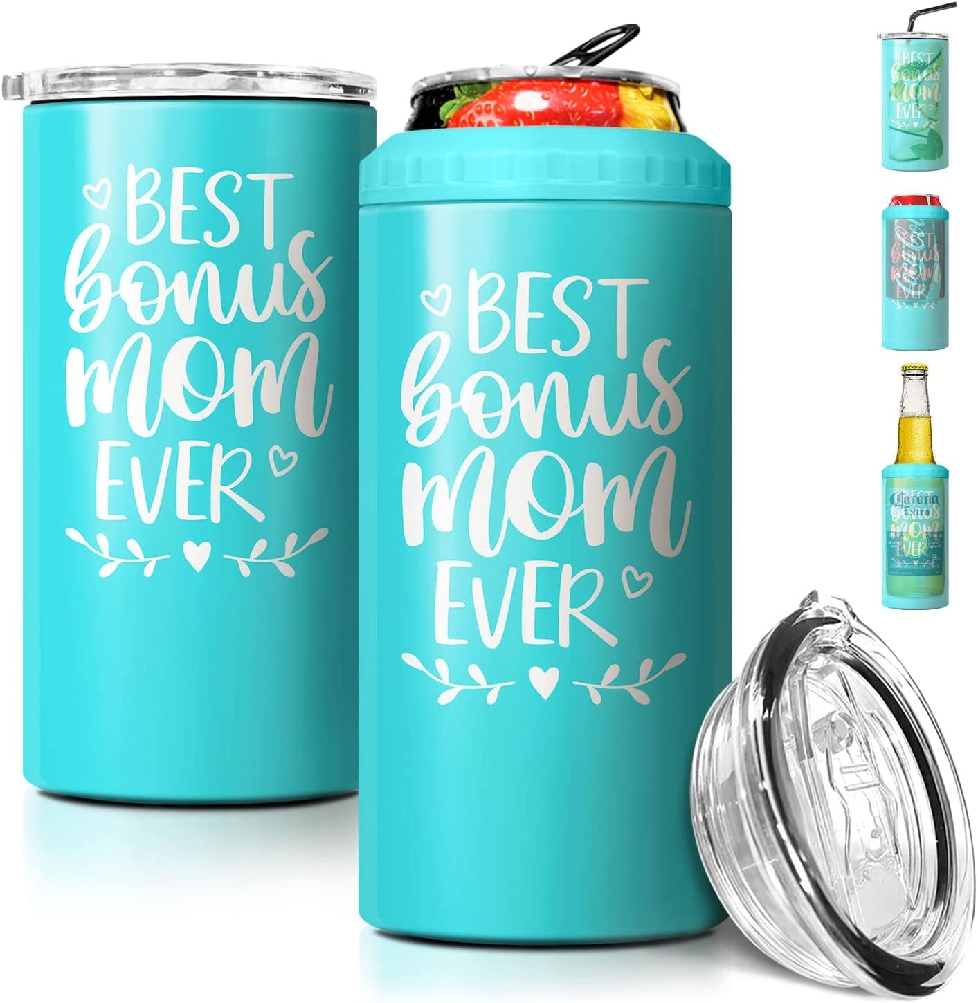 SANDJEST 4-In-1 Best Dad Ever Tumbler Gifts for Dad from Daughter Son - 12Oz Dad Can Cooler Tumblers Travel Mug Cup - Stainless Steel Insulated Cans Coozie Christmas, Birthday, Father'S Day Gift  SANDJEST Best Bonus Mom Ever - Mint  