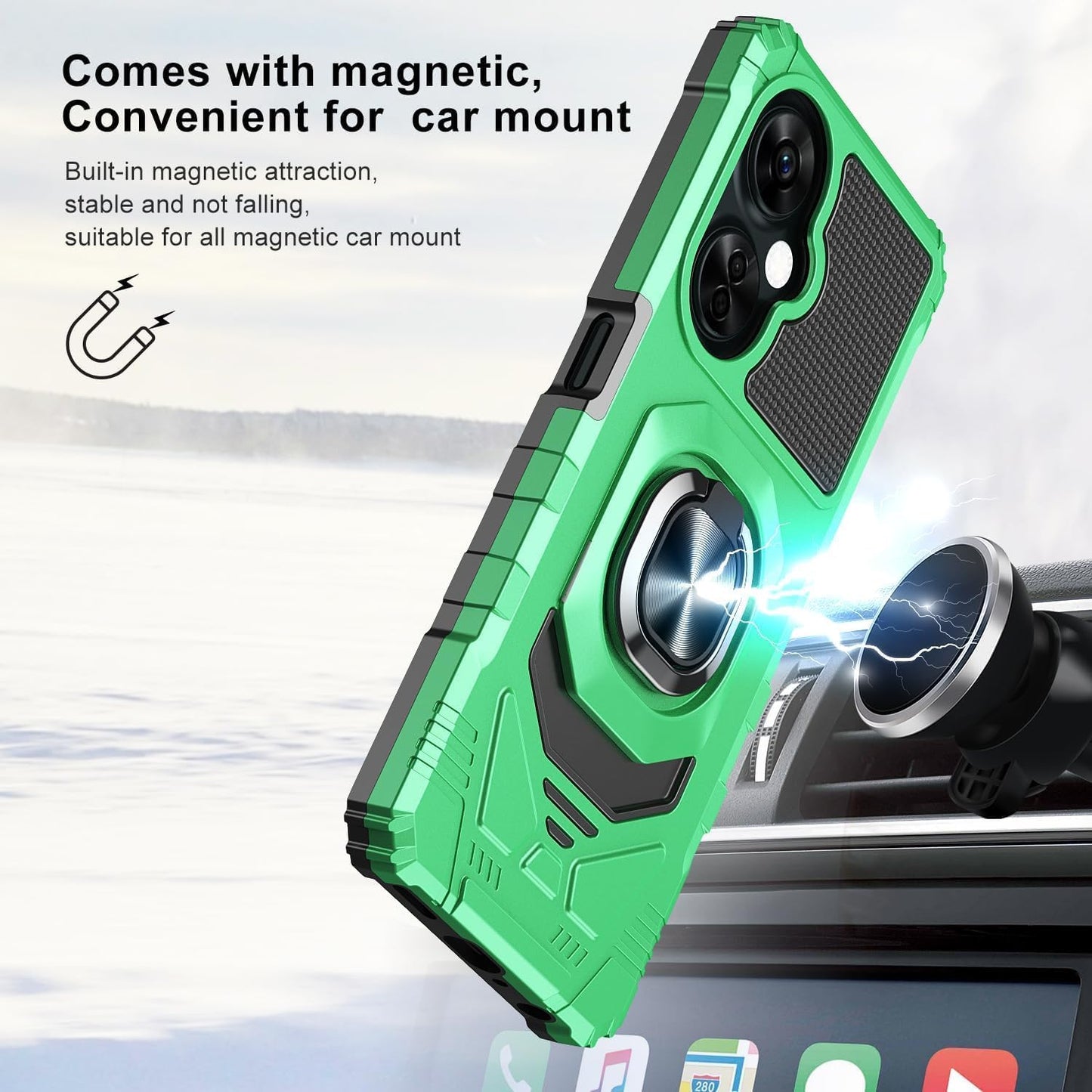 TJS Compatible for Oneplus Nord N30 5G Case, with Tempered Glass Screen Protector, Metal Ring Magnetic Support Kickstand Heavy Duty Drop Protection Cover Phone Case (Green)  TJS   