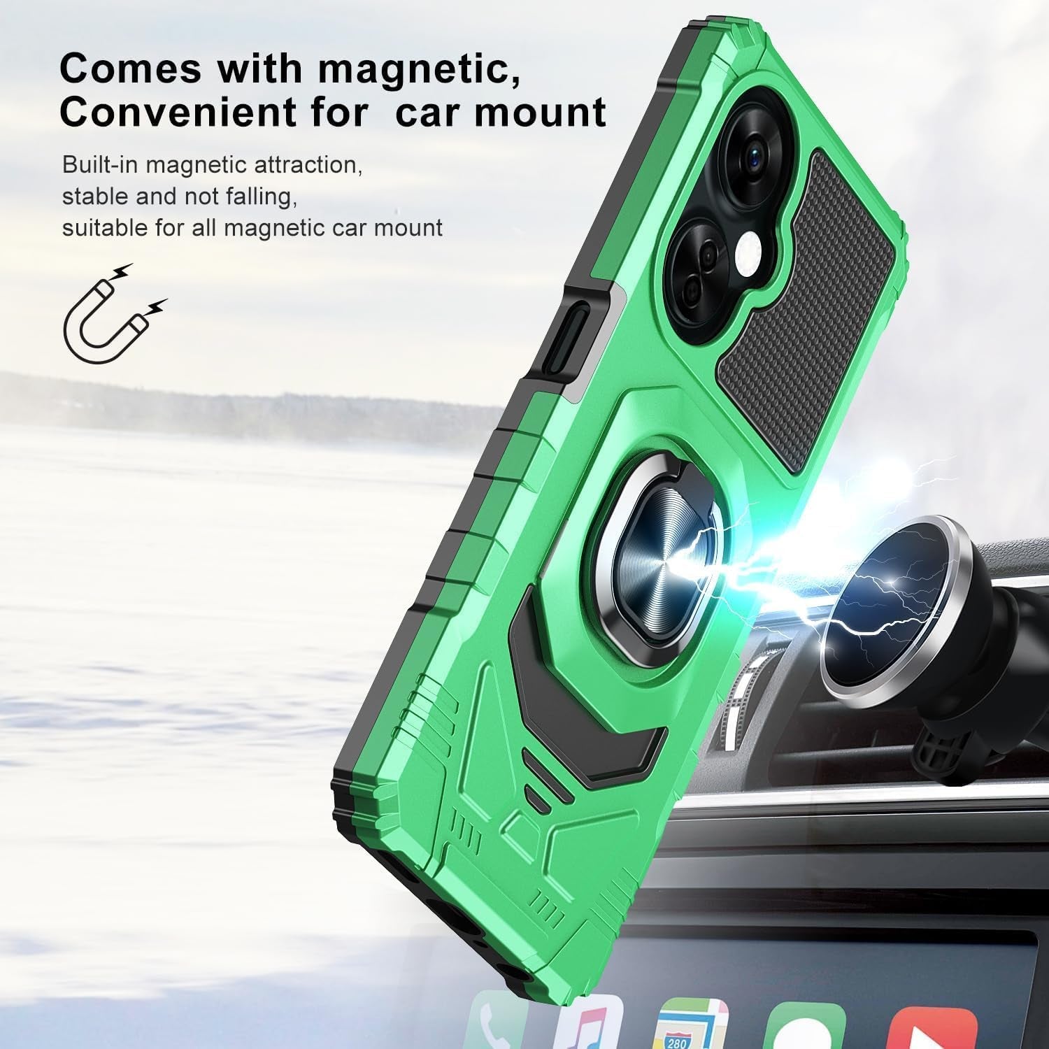TJS Compatible for Oneplus Nord N30 5G Case, with Tempered Glass Screen Protector, Metal Ring Magnetic Support Kickstand Heavy Duty Drop Protection Cover Phone Case (Green)  TJS   