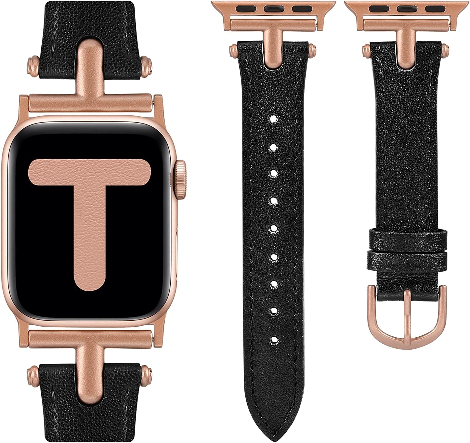 Wearlizer Leather Band Compatible with Apple Watch Band Women 38Mm 40Mm 41Mm 42Mm 44Mm 45Mm 49Mm Dressy Fashion Leather Strap with T-Shape Metal Buckle for Iwatch Bands Ultra SE Series 8 7 6 5 4 3 2 1  Wearlizer Black/Rose Pink Buckle 42/44/45/49mm 