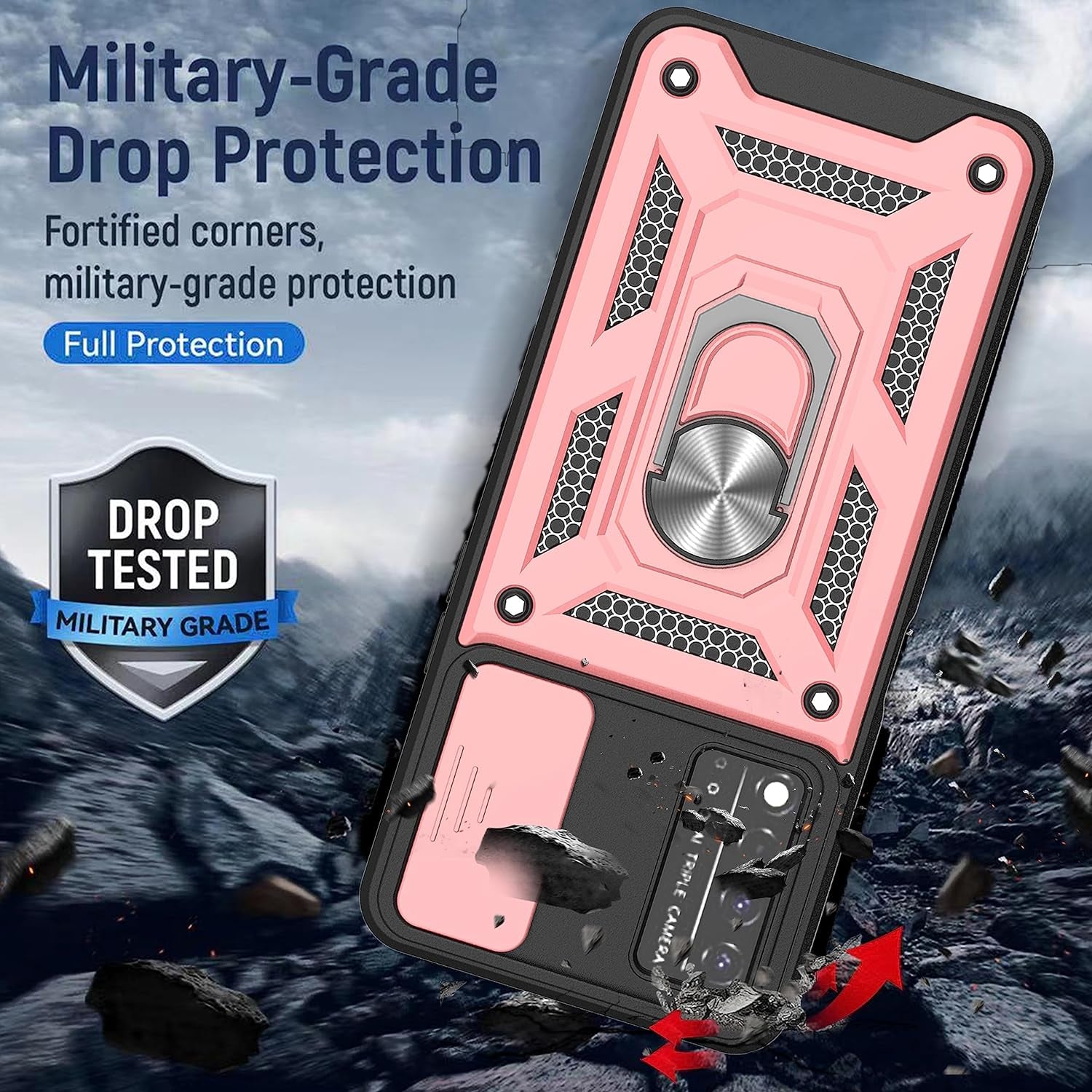 Ymhxcy for T-Mobile Revvl V plus 5G Case with Slide Camera Cover and [2 Pack] HD Screen Protector, Heavy Duty Shockproof Protective Case with Magnetic Metal Stand for Revvl V plus 5G-SJ Rose Gold  YmhxcY   