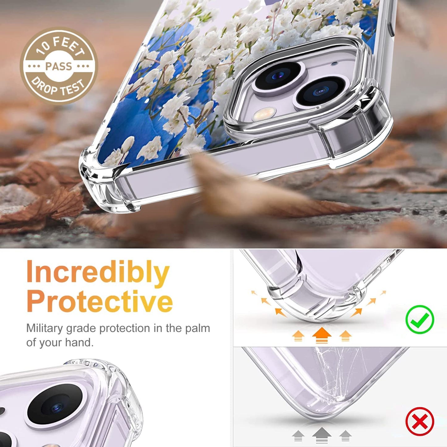 YOYORI Compatible with Iphone 14 Case with Screen Protector, Flower Pattern Design, Floral Clear Women Phone Case Shockproof Protective Soft TPU Bumper Cover 6.1 Inch 2022 (Butterfly/Blue)  YOYORI   