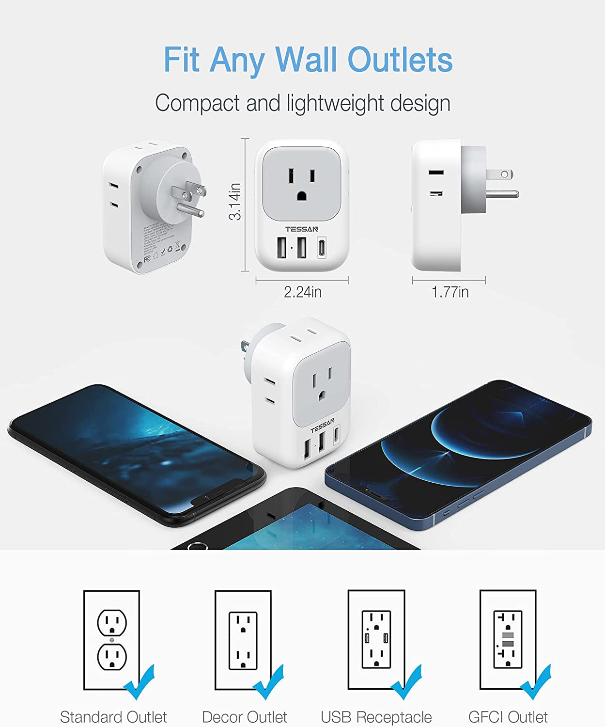 Wall Charger, USB Plug Adapter Outlet Extender, TESSAN 3 USB Ports(1 USB C Port), Multi Charging Station for Cruise, Bathroom, Office, Dorm Essentials  TESSAN   