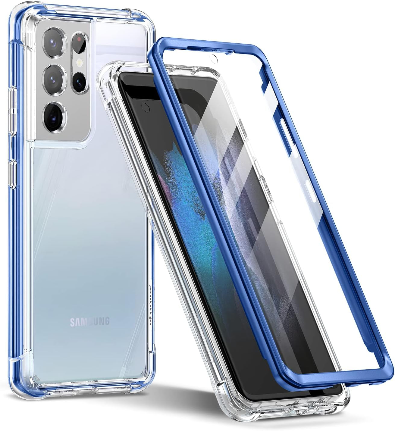 SURITCH for Samsung Galaxy S21 Ultra Clear Case 6.8" (Only), [Built-In Screen Protector] Full Body Protective Hard Shell+Soft TPU Phone Case for Samsung S21 Ultra -(Dark Magenta Edge)  SURITCH Blue Edge  