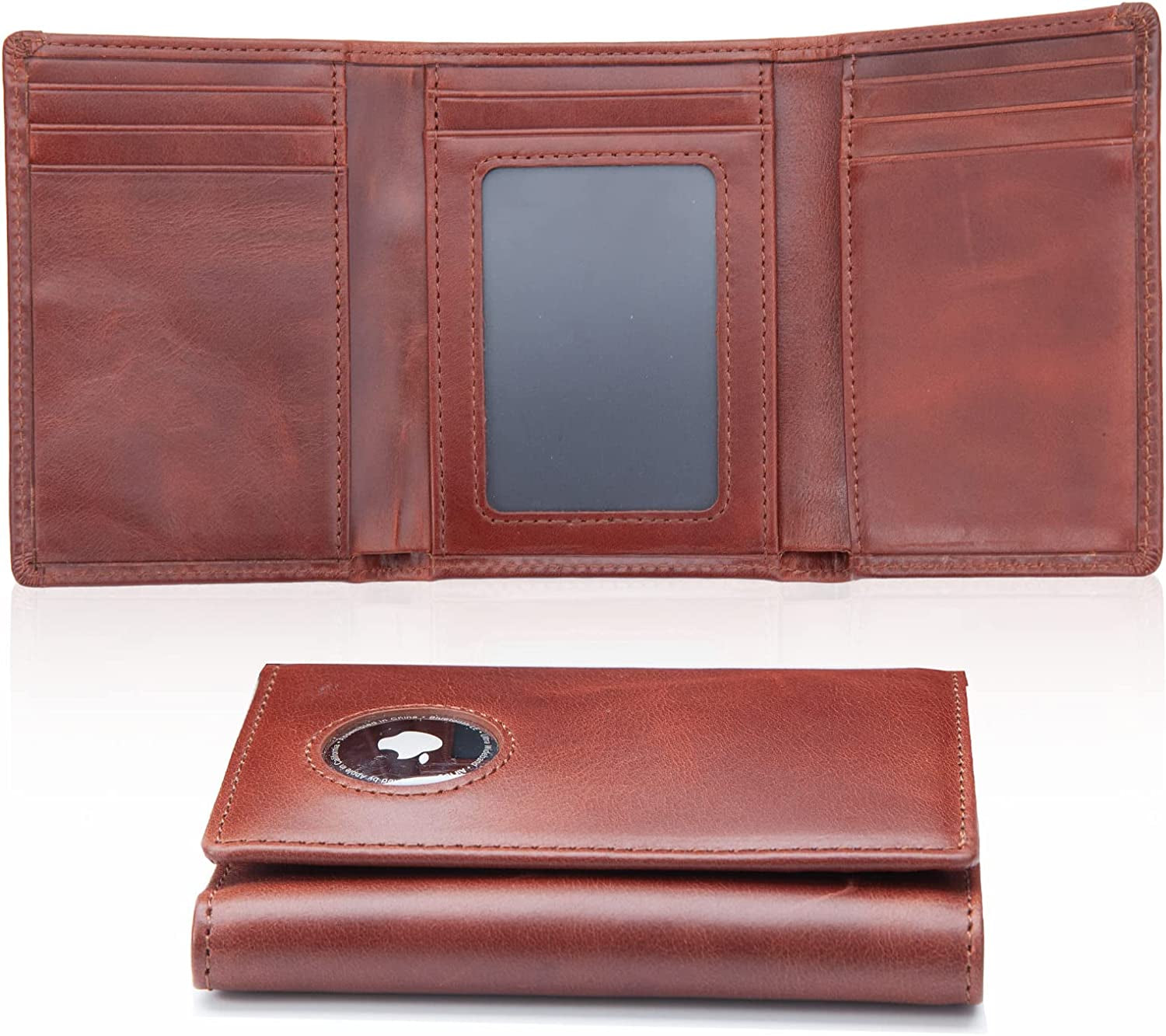 HLHGR Airtag Wallet Men Genuine Leather Cash Credit Card Bifold Wallet RFID Blocking with Airtag Case Holder Front Pocket for Apple Air Tag（ Airtag Not Inside） (Leather, Black)  HLHGR Brown- Trifold-new  