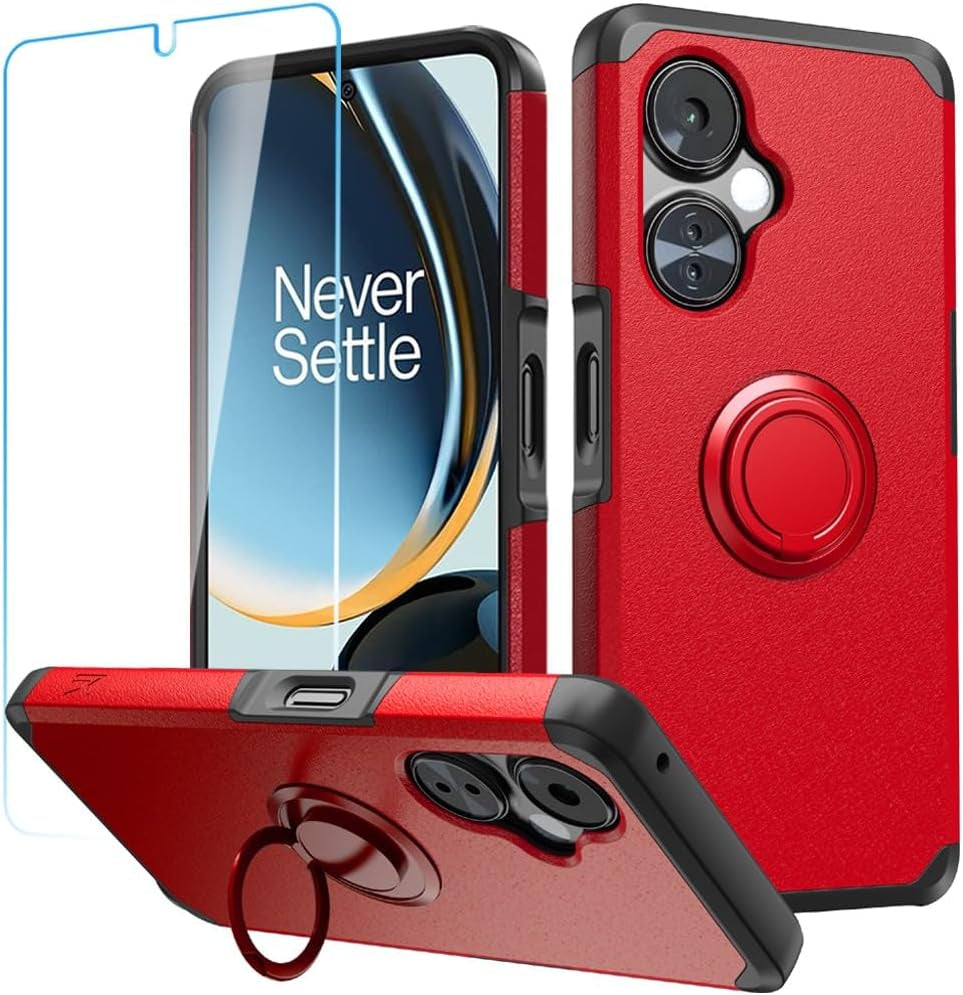 Hrwireless Compatible for Oneplus Nord N30 5G [Ring Stand] Case Cover [360 Rotation] with [HD Tempered Glass Screen Protector] Tough Hybrid [Shockproof] Original Minimalistic Design for Protection  HRWireless Red Ring Stand + Tempered  