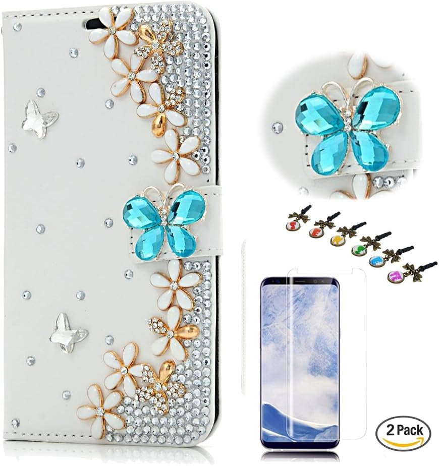 STENES LG V30 Case - STYLISH - 3D Handmade Crystal Leopard Flowers Design Wallet Credit Card Slots Fold Media Stand Leather Cover for LG V30 / LG V30 plus with Screen Protector - Gold  STENES Butterfly Flowers Floral / Blue  