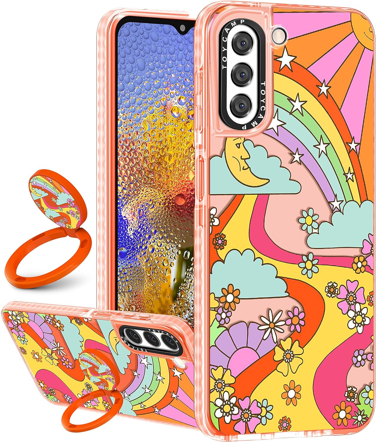 Toycamp for Samsung Galaxy S22 Case for Women, Colorful Butterfly Cute Girly Print Design for Girls Teens Case with Ring Kickstand (6.1 Inch), Black  Toycamp Rainbow River Orange  