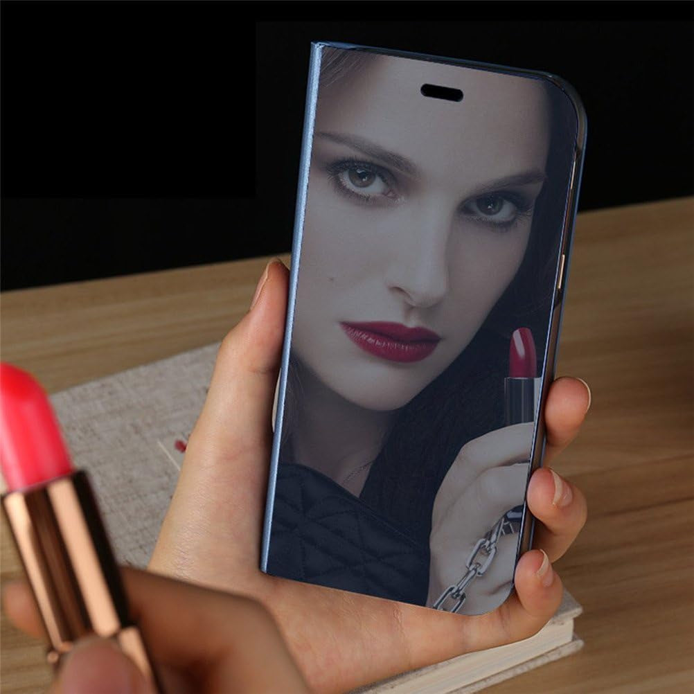 LEECOCO Case for LG V30 Slim Luxury Clear View Electroplate Plating Mirror Makeup [Kickstand] Full Body Protective Cover Flip Shockproof Case Cover for LG V30 Mirror PU Blue  LEECOCOO   