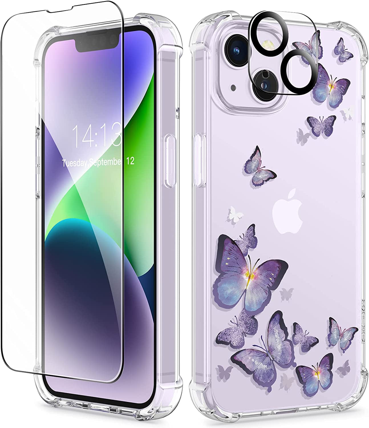 GVIEWIN Compatible with Iphone 14 Case with Screen Protector + Camera Lens Protector, Soft Shockproof Clear Floral Phone Protective Cover for Women, Flower Pattern Design 6.1" (Magnolia/White)  GVIEWIN Alluring Butterfly/Purple  