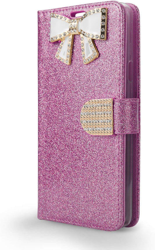 Newfrontier LG V40 Thinq Case, LG V40 Case, Shiny PU Leather Sparkle Rhinestone Bling Flip Sparkle Wallet Case Card Slots Cash Holder Wrist Strap Case for LG V40 / LG V40 Thinq 2018 (WBL Pink)  New Frontier Wireless Accessory   