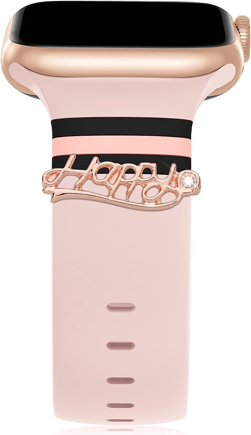 Designer Bands with Charms Decor Compatible with Apple Watch Band 38Mm 40Mm 41Mm 42Mm 44Mm 45Mm 49Mm for Women, Stylish Soft Silicone Sport Strap for Apple Watch Ultra Iwatch Series 8 SE 7 6 5 4 3 2 1  Seizehe Pink/Black/Pink & HAPPY 38mm/40mm/41mm 