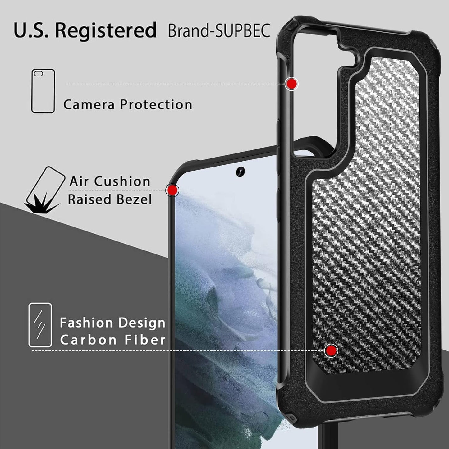 SUPBEC Galaxy S21 Case, Carbon Fiber Shockproof Protective Cover with Screen Protector [X2] [Military Grade Protection] [Scratch Resistant & Anti-Fingerprint], Samsung Galaxy S21 Case, 6.2", Black  SUPBEC   