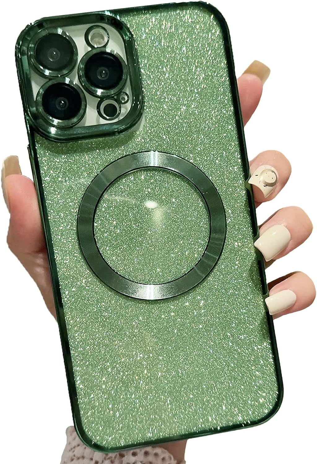 Aowner Magnetic Case for Iphone 14 Pro Glitter Case, Luxury Plating Cute Bling with Camera Lens Protector, Compatible with Magsafe, Slim Thin for Women Girls Protective Clear Phone Case, Purple  aowner Green  