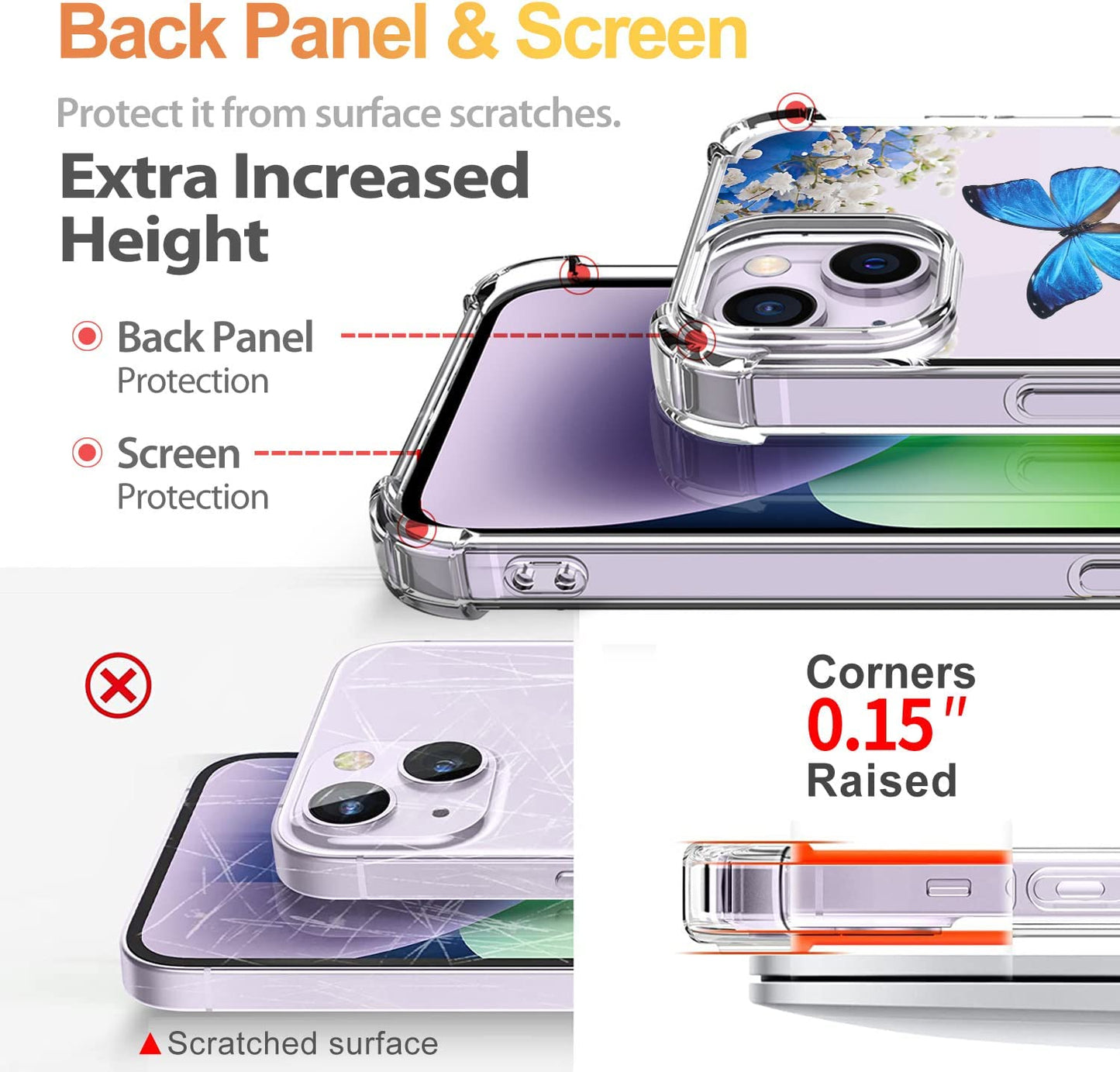 YOYORI Compatible with Iphone 14 Case with Screen Protector, Flower Pattern Design, Floral Clear Women Phone Case Shockproof Protective Soft TPU Bumper Cover 6.1 Inch 2022 (Butterfly/Blue)  YOYORI   