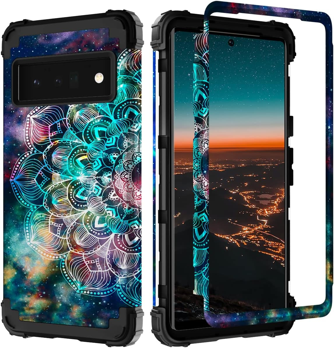 Hocase for Google Pixel 6 Pro Case, Heavy Duty Shockproof Protection Soft Silicone Rubber Bumper+Hard Plastic Hybrid Protective Case for Google Pixel 6 Pro (6.7") 2021 - Mandala in Galaxy  Hocase   