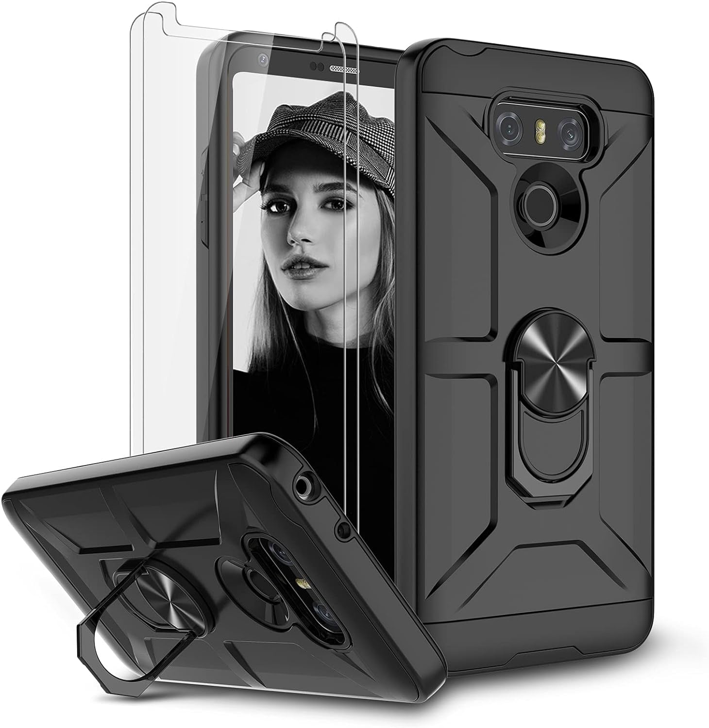 Jeylly Case for LG G6 with Tempered Glass Screen Protector, 360 Rotating Ring Kickstand Holder [Work with Magnetic Car Mount] Armor Defender Shockproof Case for LG G6 2017,Midnight Green  Jeylly Black  