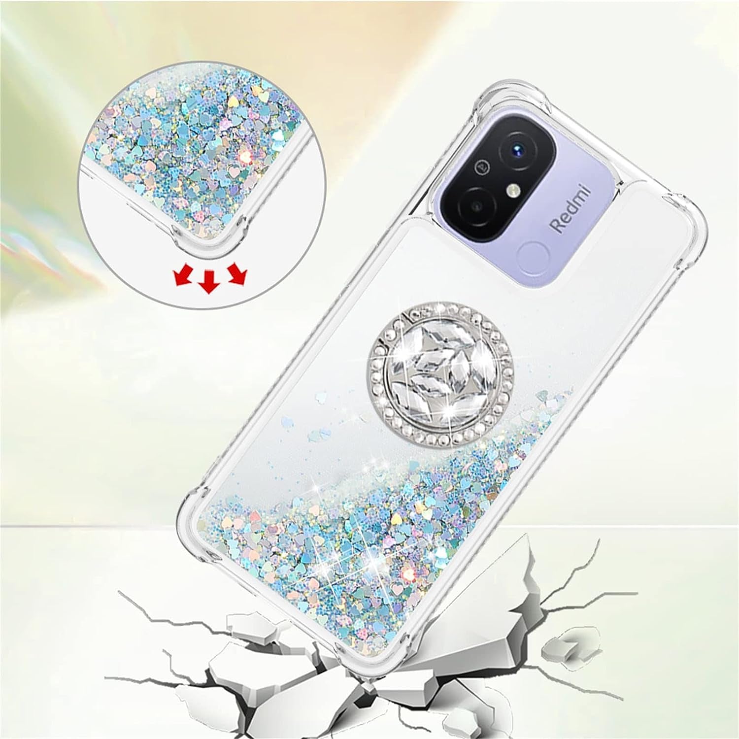 Tncavo for Xiaomi Redmi 12C Case for Woman, Moving Liquid Holographic Sparkle Glitter Cases with Diamond Ring Soft Clear TPU Luxury Girly Cute Phone Cover for Xiaomi Redmi 12C LSZ Silver  Tncavo   