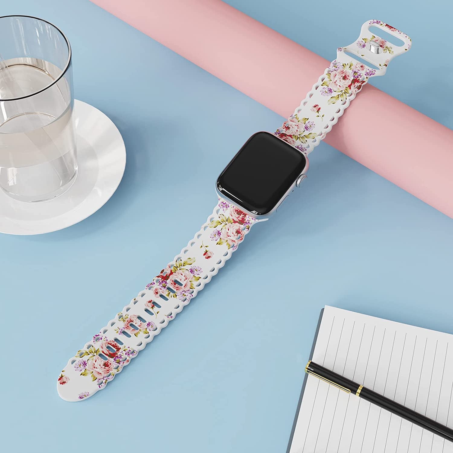 Upfurmach Compatible with Apple Watch Band 41Mm 40Mm 38Mm 49Mm 45Mm 44Mm 42Mm Women Girl, Rose Floral Print Lace Hollow-Out Soft Silicone Sport Bands for Iwatch Ultra SE Series 8 7 6 5 4 3 2 1, Rosb-38  UpfurMach   