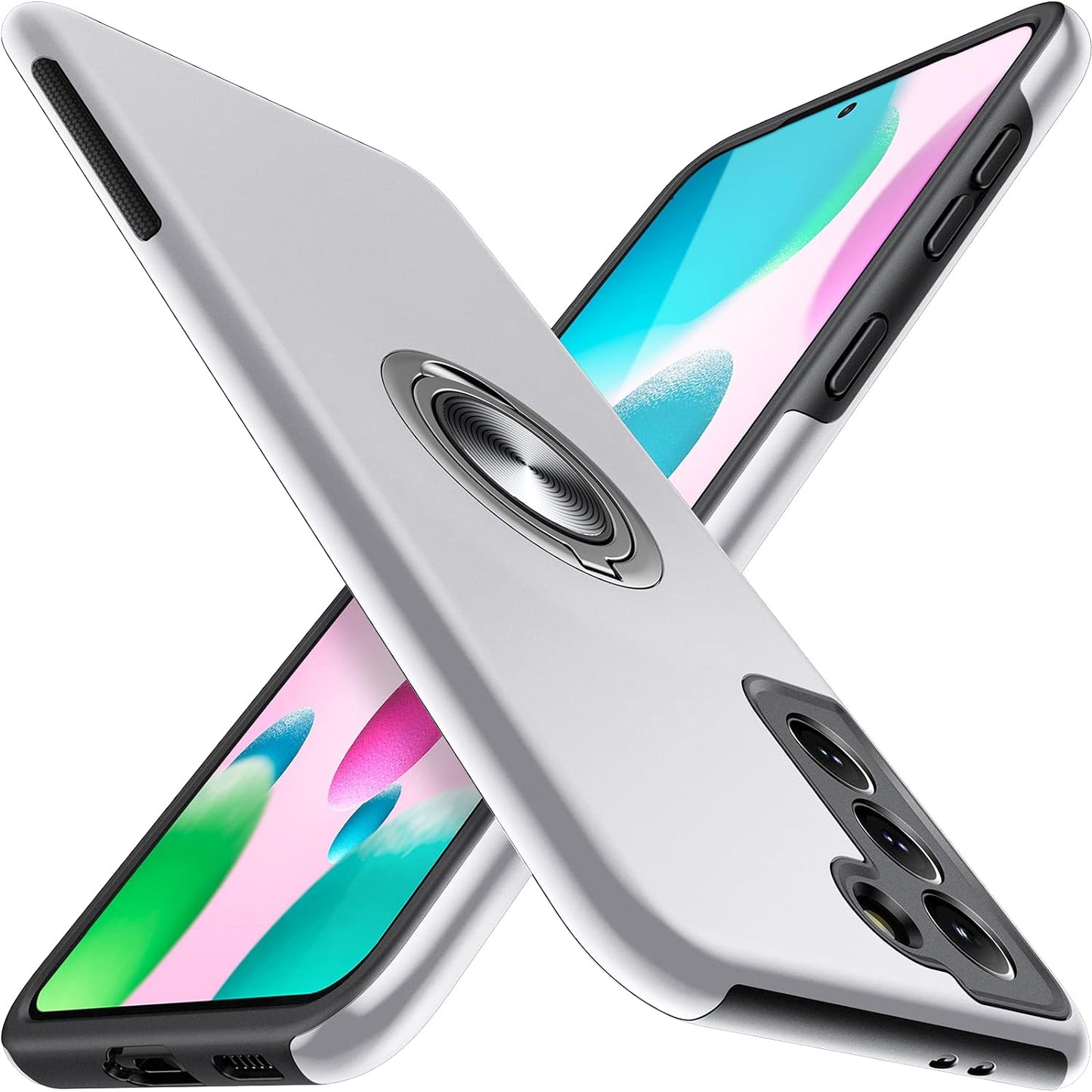 JAME Designed for Samsung Galaxy S21 Case (Not for S21 plus & S21 Ultra), Slim Tough Rugged Shockproof Protective Case with Metal Ring Kickstand for Samsung Galaxy S21 6.2 Inch, Pink  JAME Silver  