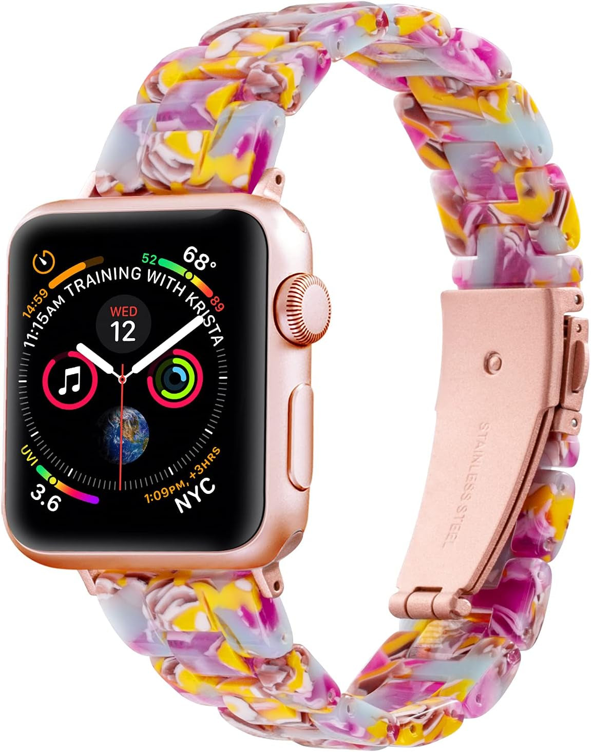 Sangaimei Light Fashion Resin Apple Watch Band with Stainless Steel Buckle Compatible Apple Watch Band 45Mm 44Mm 42Mm 41Mm 40Mm 38Mm Replacement Iwatch Series 8 7 6 5 4 3 2 1 SE for Women Starlight  SaNgaiMEi Purple flower 38mm/40mm/41mm 