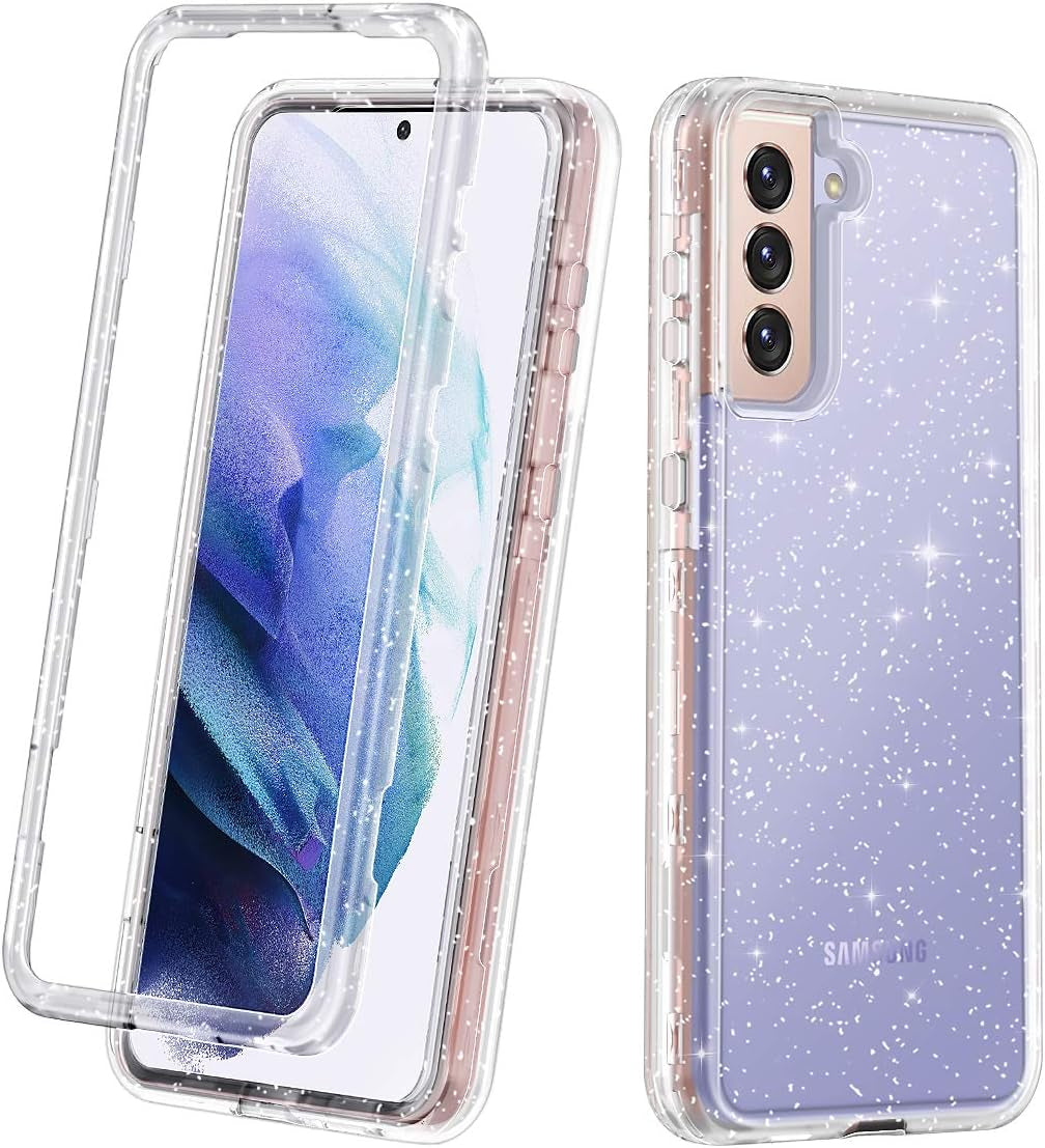 Lamcase for Galaxy S21 5G Case, Crystal Clear Glitter Sparkly Bling Heavy Duty Shockproof Hybrid Three Layer Protective Cover Case for Samsung Galaxy S21 5G 6.2 Inch (2021), Clear/Silver Glitter  Lamcase   