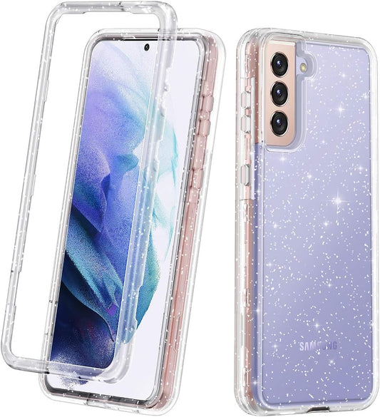 Lamcase for Galaxy S21 5G Case, Crystal Clear Glitter Sparkly Bling Heavy Duty Shockproof Hybrid Three Layer Protective Cover Case for Samsung Galaxy S21 5G 6.2 Inch (2021), Clear/Silver Glitter  Lamcase   