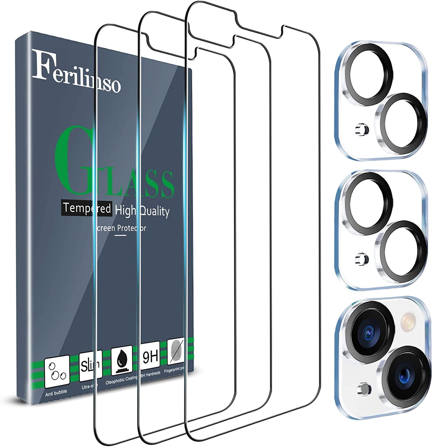 Ferilinso [6-In-1] for Apple Iphone 14 & 13 Screen Protector Accessories 3 Pack 9H Tempered Glass 2 Pack HD Camera Lens Protector Cover Protection Case Friendly Mounting Frame Protector De Pantalla  Ferilinso Transparent-6 iPhone 13 Mini-5.4 Inch 