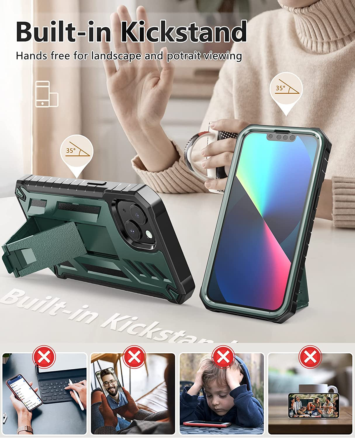 For Iphone 13 Case Protective Cover: Iphone 14 Case Heavy Duty Military Grade Hard Protection Shock Proof Grip | Durable Dual-Layer Design Iphone 13-14 Phone Case with Built-In Kickstand Aqua  DAMAI   
