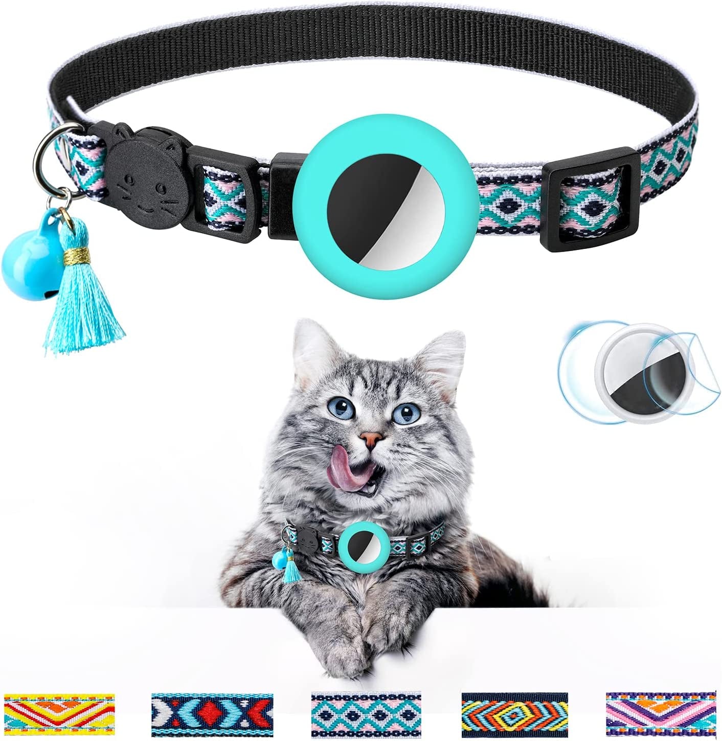 Airtag Cat Collar with Bell Adjustable Breakaway Kitten Collars:- Safety Buckle and Silicone Air Tag Holder Case Compatible with Apple Airtag Geometric Pattern Pet Collar (Pink)  OEBEESA light blue  