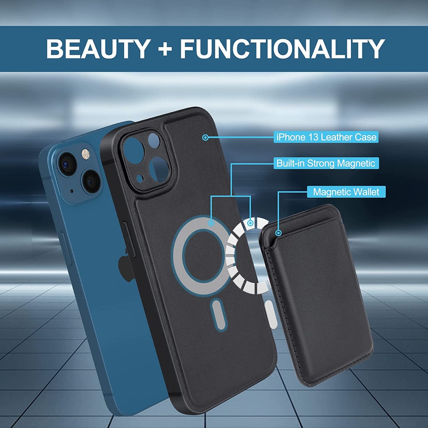 DK177 [2 in 1] Magnetic Leather Case for Iphone 13 + Card Holder Wallet, Magnetic PU Leather Card Holder Shockproof Protective Cover Compatible with Magsafe 6.1 Inch, Black  DK177   