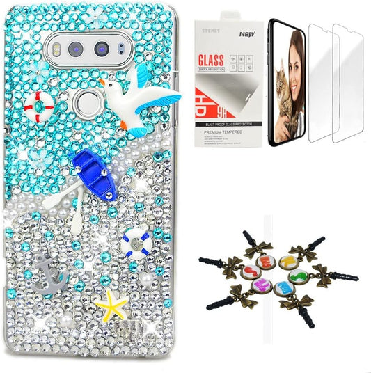 STENES Bling Case Compatible with LG G6 / LG G6 plus - Stylish - 3D Handmade [Sparkle Series] Boat Starfish Peace Dove Design Cover with Screen Protector [2 Pack] - Navy Blue  STENES   