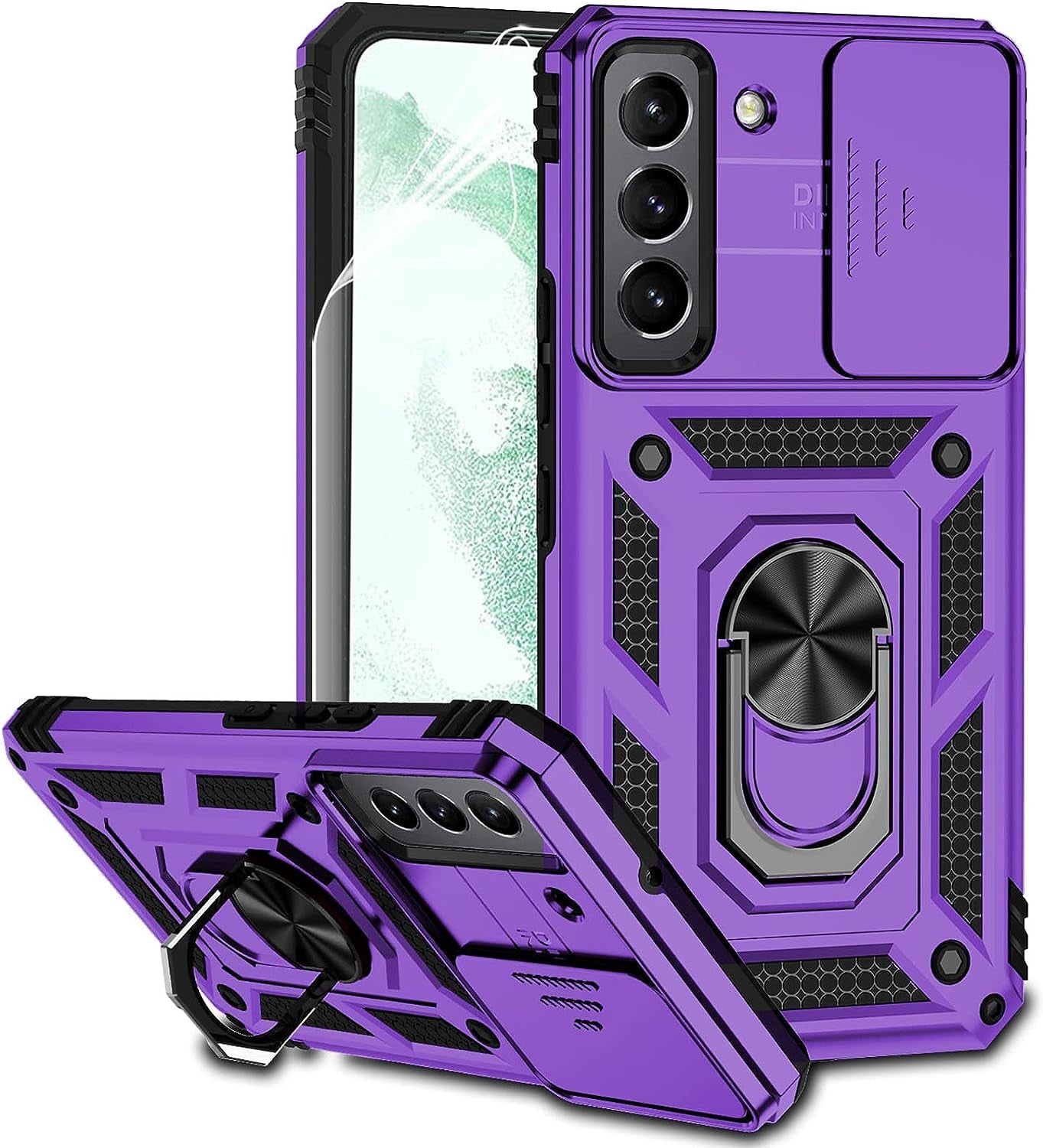 For Samsung Galaxy S22 Case with Camera Lens Cover HD Screen Protector, Dual Layer Military-Grade Drop Tested Magnetic Ring Holder Kickstand Protective Phone Case for Samsung Galaxy S22 5G (Black)  JINZHI Inc Purple With Camera Cover Military-Grade 2Nd Gen  