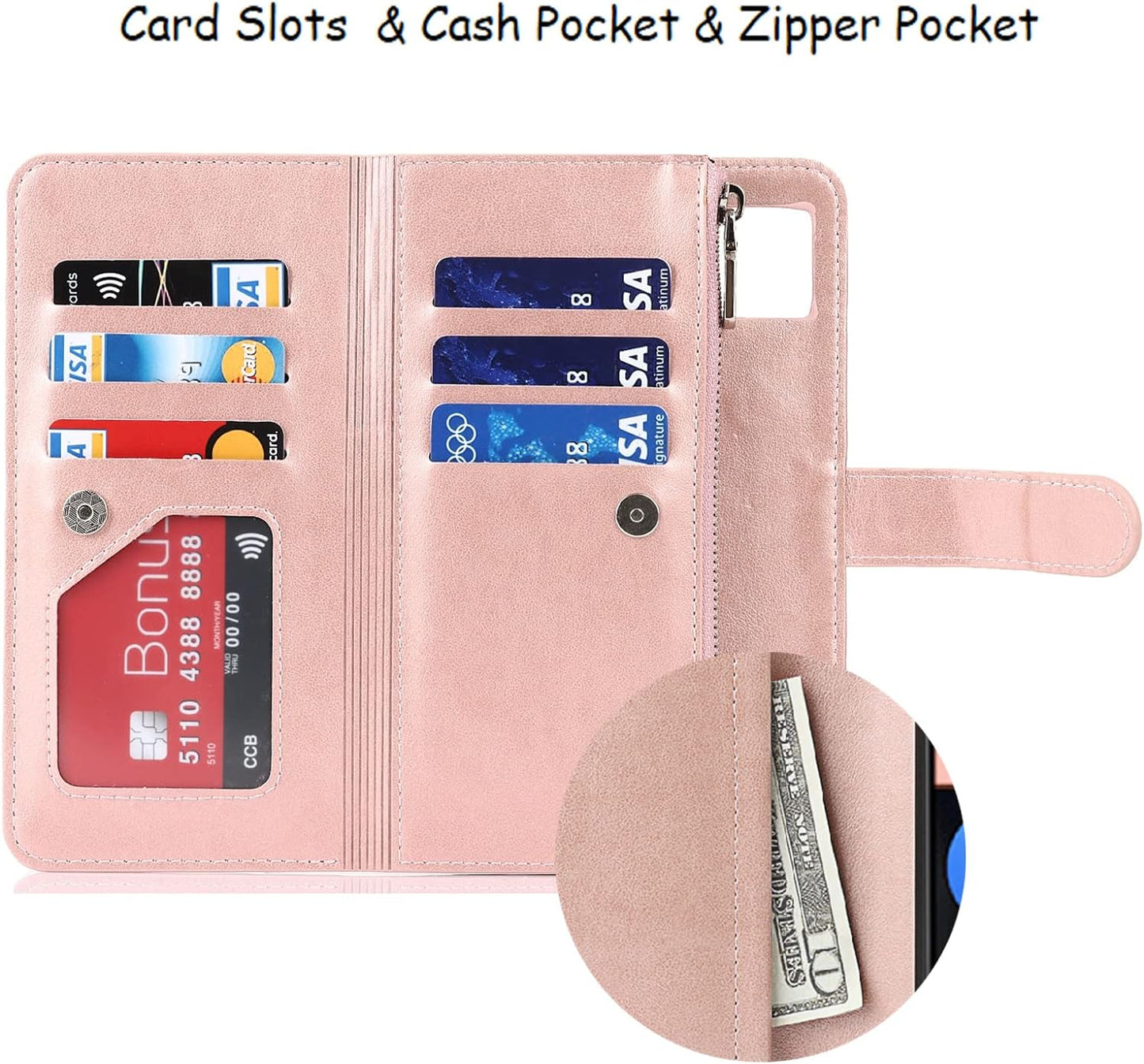 Jaorty Compatible with Google Pixel 6 Wallet Case,[6 Card Slots] [Wrist Strap] [Stand Feature] Detachable 2 in 1 Magnetic Zipper Leather Cover Case for Google Pixel 6,6.4" Rosegold  Jaorty   
