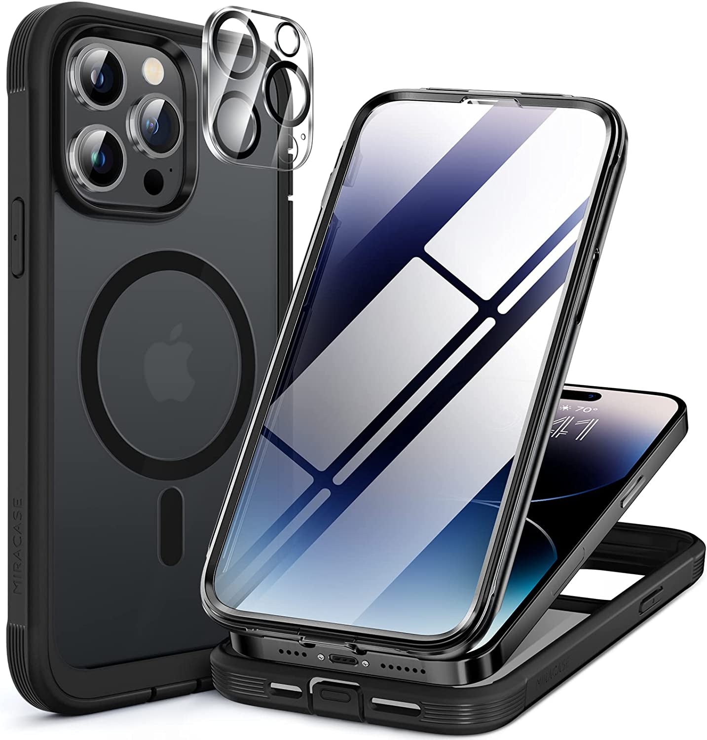 Miracase Glass Series Compatible with Iphone 14 Pro Case 6.1 Inch, 2023 Full-Body Clear Bumper Case with Built-In 9H Tempered Glass Screen Protector, with Camera Lens Protector, Black  Miracase Magnetic Matte Black  