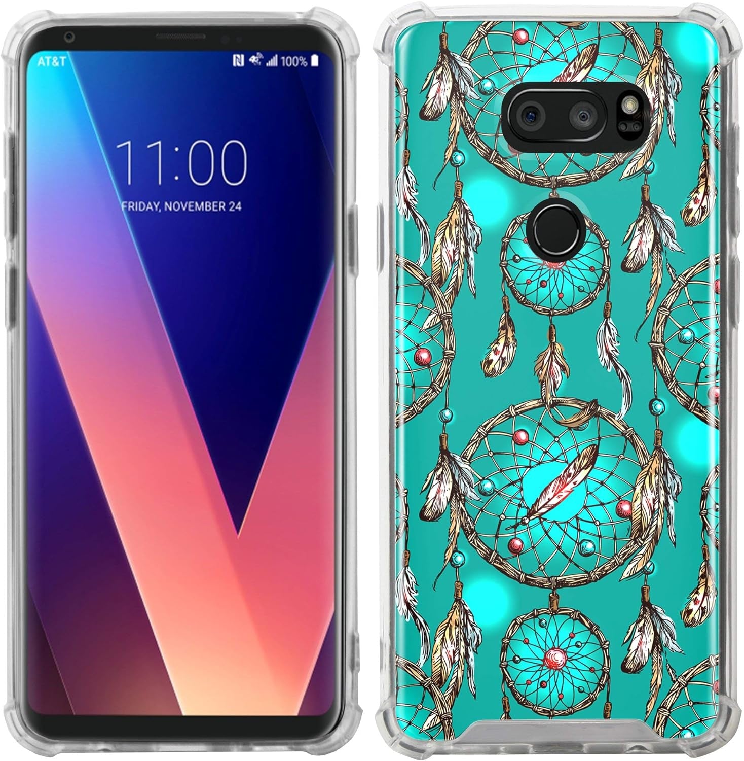 Casesondeck Crystal Case Compatible with [LG V30S Thinq and LG V30] Thin Slim Anti-Slip Grip Case with Bumper Edges Hard Back (Teal Dreamcatcher)  CasesonDeck   